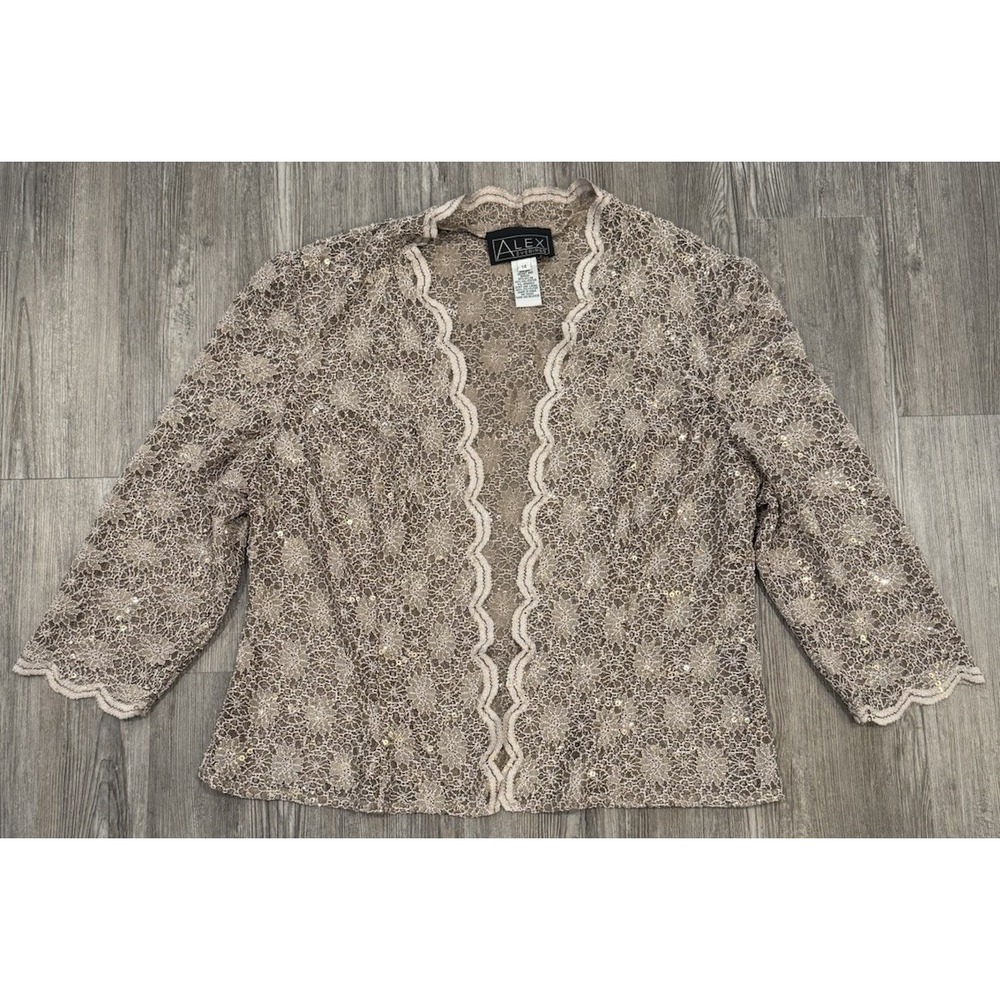Alex Evenings Women 14 Sequin Lace Jacket Taupe Champagne 3/4 Sleeve Formal